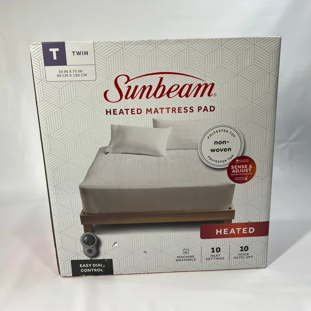 Sunbeam Heated Mattress Pad Twin‎ Size White 10 Heat Settings Auto Off New Box